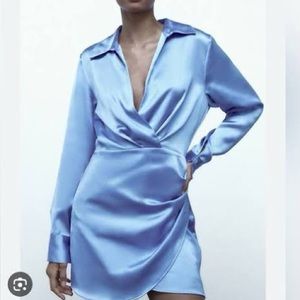 ZARA | Royal Blue Satin Wrap Dress with Long Sleeves in S